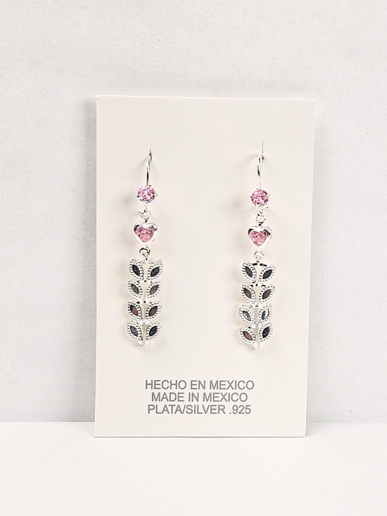 Galuxe Jewelry - 925 Sterling Silver Pink Crystal Heart Floral Dangle Earrings 46mm